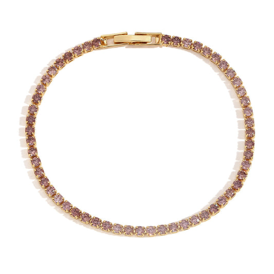 Close View of 14K gold plated bracelet with pink zircon stones – delicate and waterproof – STUD