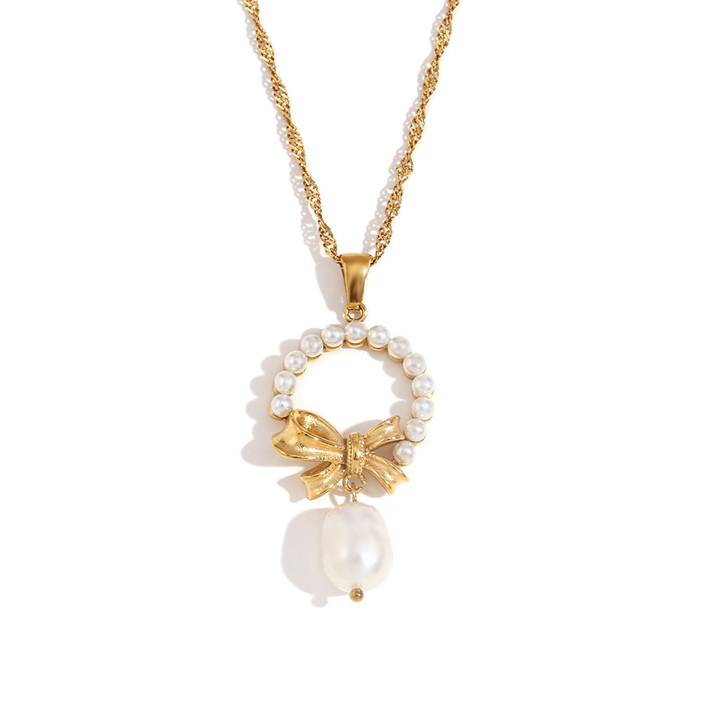 18K gold plated pearl bow charm necklace with faux pearls and drop pendant – STUD