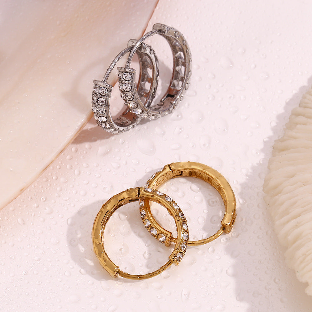 18K gold plated pavé hoop earrings with double-row crystals and heart cut-out back – STUD