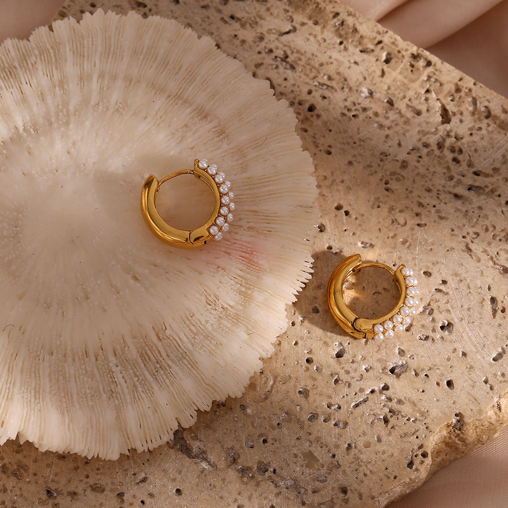 Top View of Baroque pearl hoop earrings – minimalist 18K gold-plated, waterproof, hypoallergenic by STUD (Shop Till You Drop)