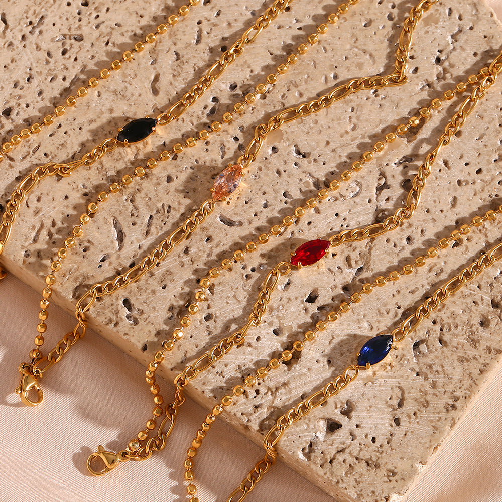 Simple Double-Layer Red Zircon Figaro Chain Beaded Bracelet