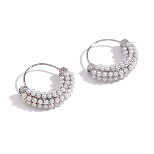 Close View of Vintage silver basket earrings with micro-inlaid pearl – geometric design, office wear by STUD (Shop Till You Drop)