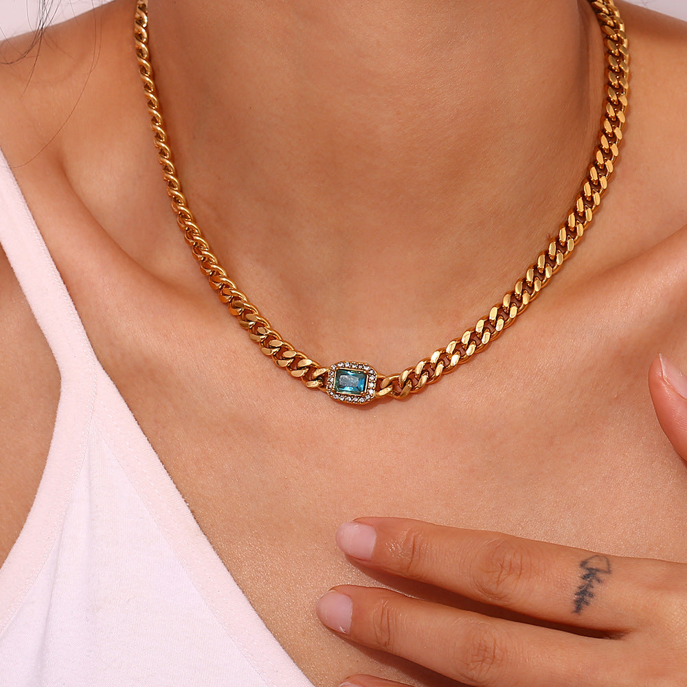Model Wearing Cuban chain necklace with pearl & zircon stones – waterproof stainless steel design by STUD-Shop Till You Drop