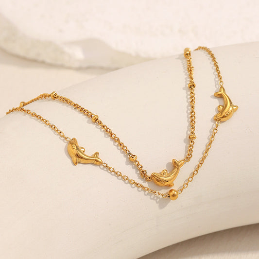 18K Gold Dolphin Double Chain Bracelet – Stainless Steel, Ocean-Inspired Jewelry