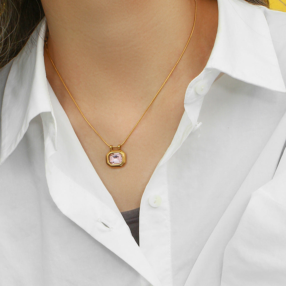 18K gold plated snake chain necklace with pink emerald-cut zircon pendant – STUD