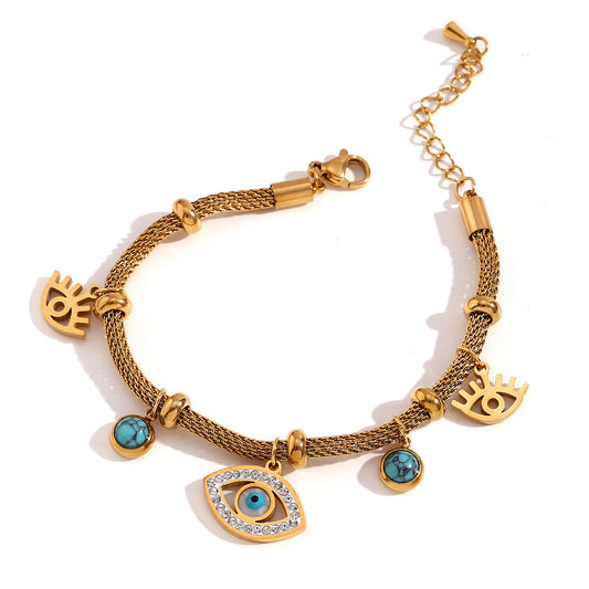 Close View of Turquoise evil eye bracelet – 18K gold plated, waterproof & symbolic jewelry by STUD-Shop Till You Drop