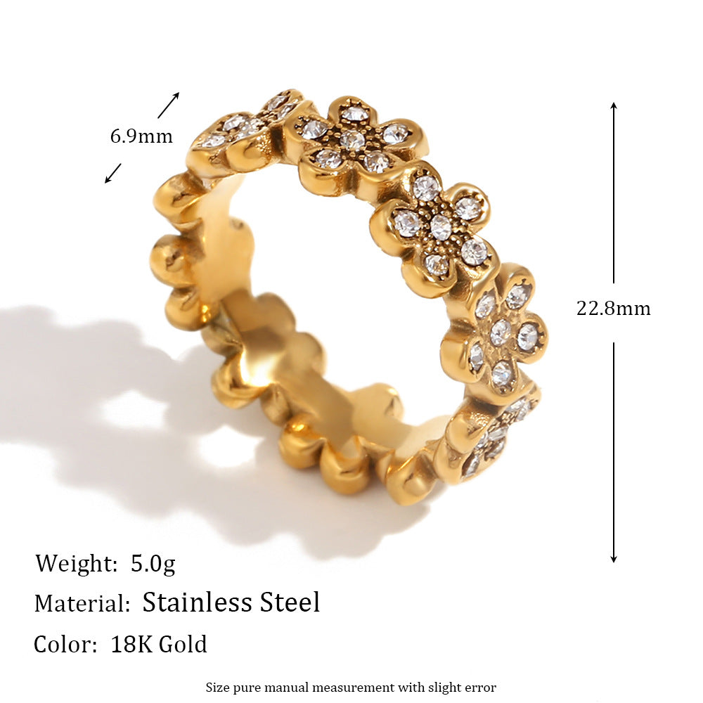 Size details of Blossom Shine daisy ring – floral micro-pavé design in 18K gold-plated stainless steel – vintage-inspired jewelry by STUD (Shop Till You Drop)