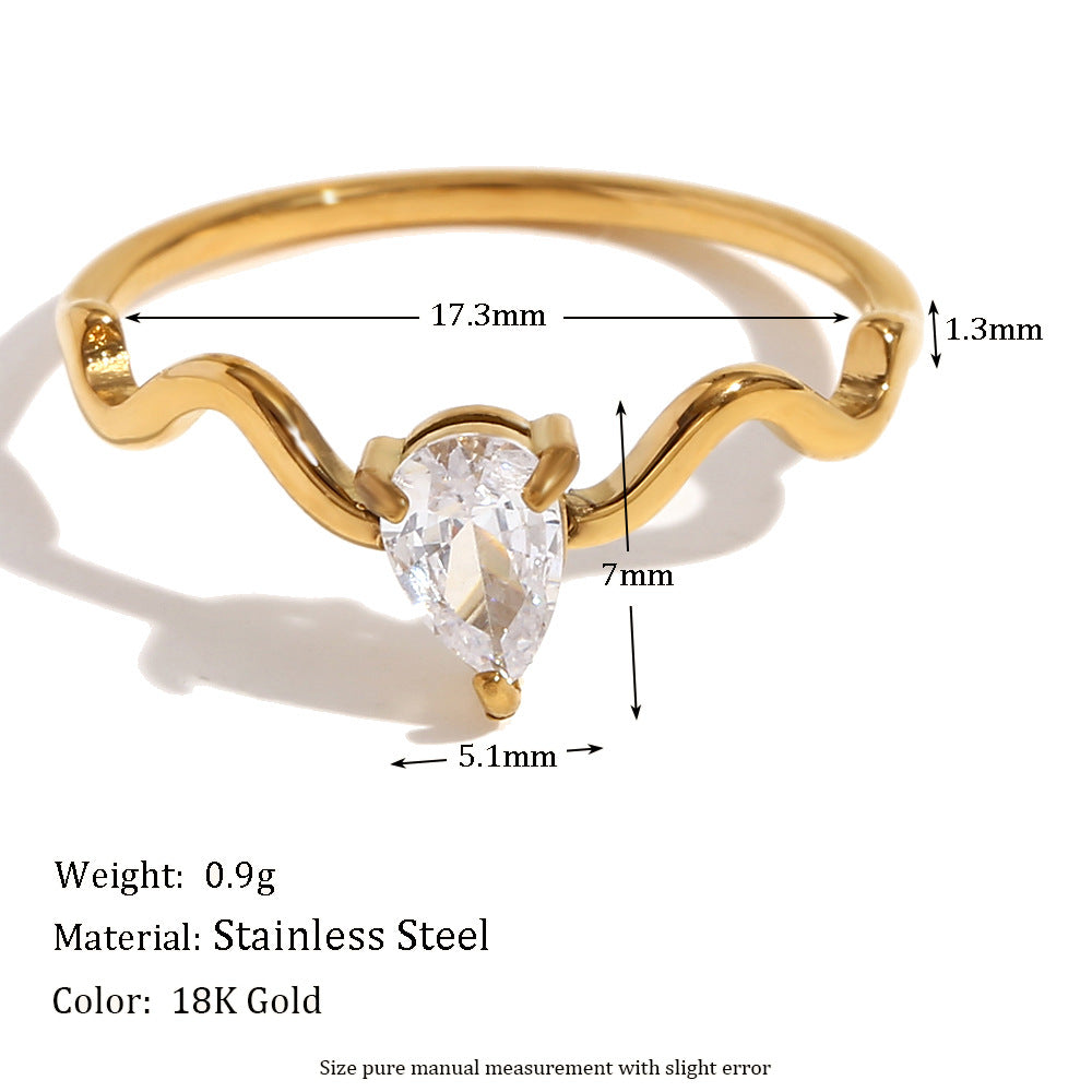 18K gold plated wave band ring with teardrop zircon stone – STUD