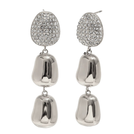 Front View of Silver peanut drop earrings – geometric design with zircon, waterproof, anti-tarnish by STUD (Shop Till You Drop)