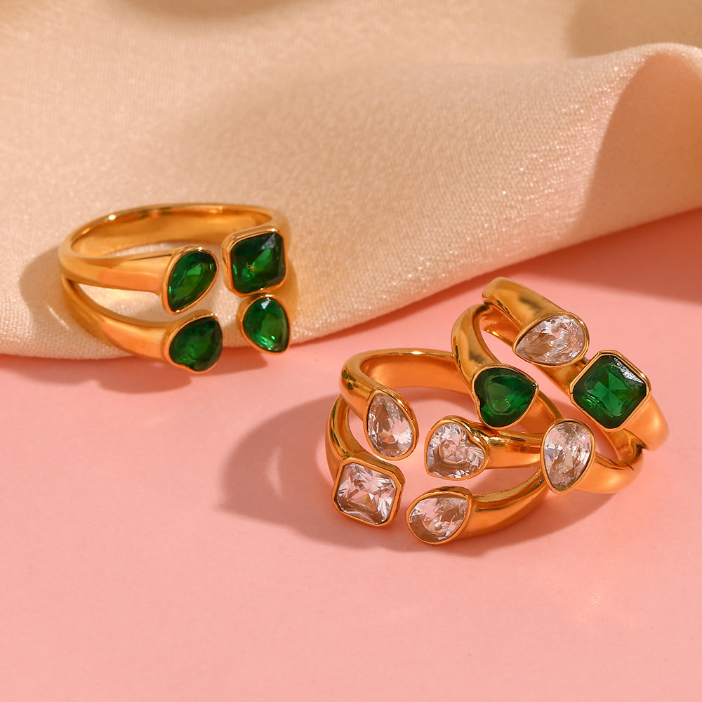 Elegant 18K Gold-Plated Double-Layer Heart & Teardrop Zircon Ring