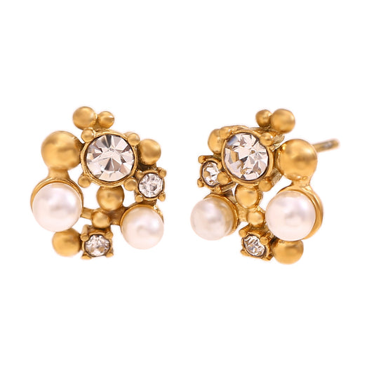 Floral Pearl and Crystal Stud Earrings | 18K Gold-Plated Stainless Steel