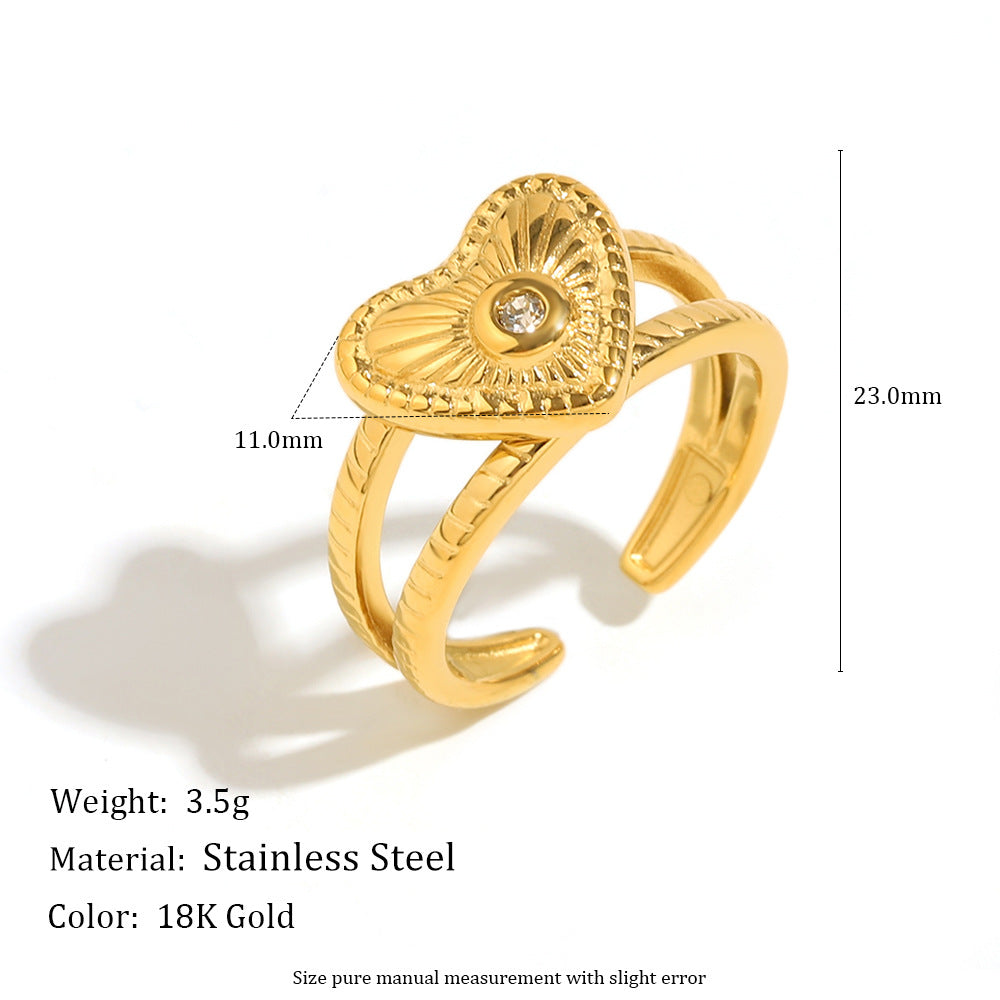 18K Gold-Plated Open Heart Adjustable Ring with Textured Finish and Central Gemstone