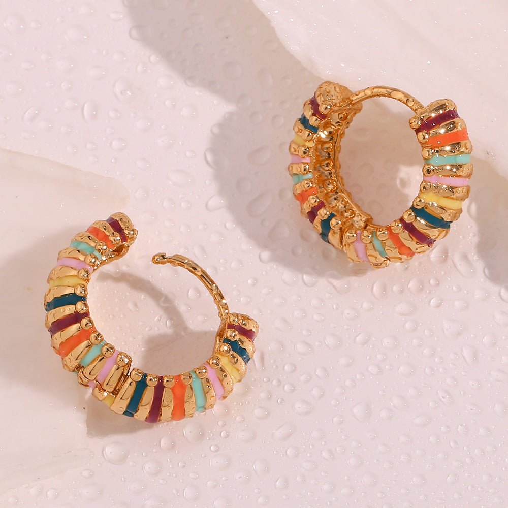 Vintage Color-Patterned Enamel Hoop Earrings in 18K Gold-Plated