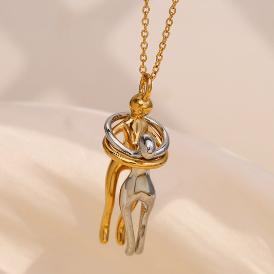 Two-tone lovers embrace pendant necklace – 18K gold plated, romantic, hypoallergenic jewelry