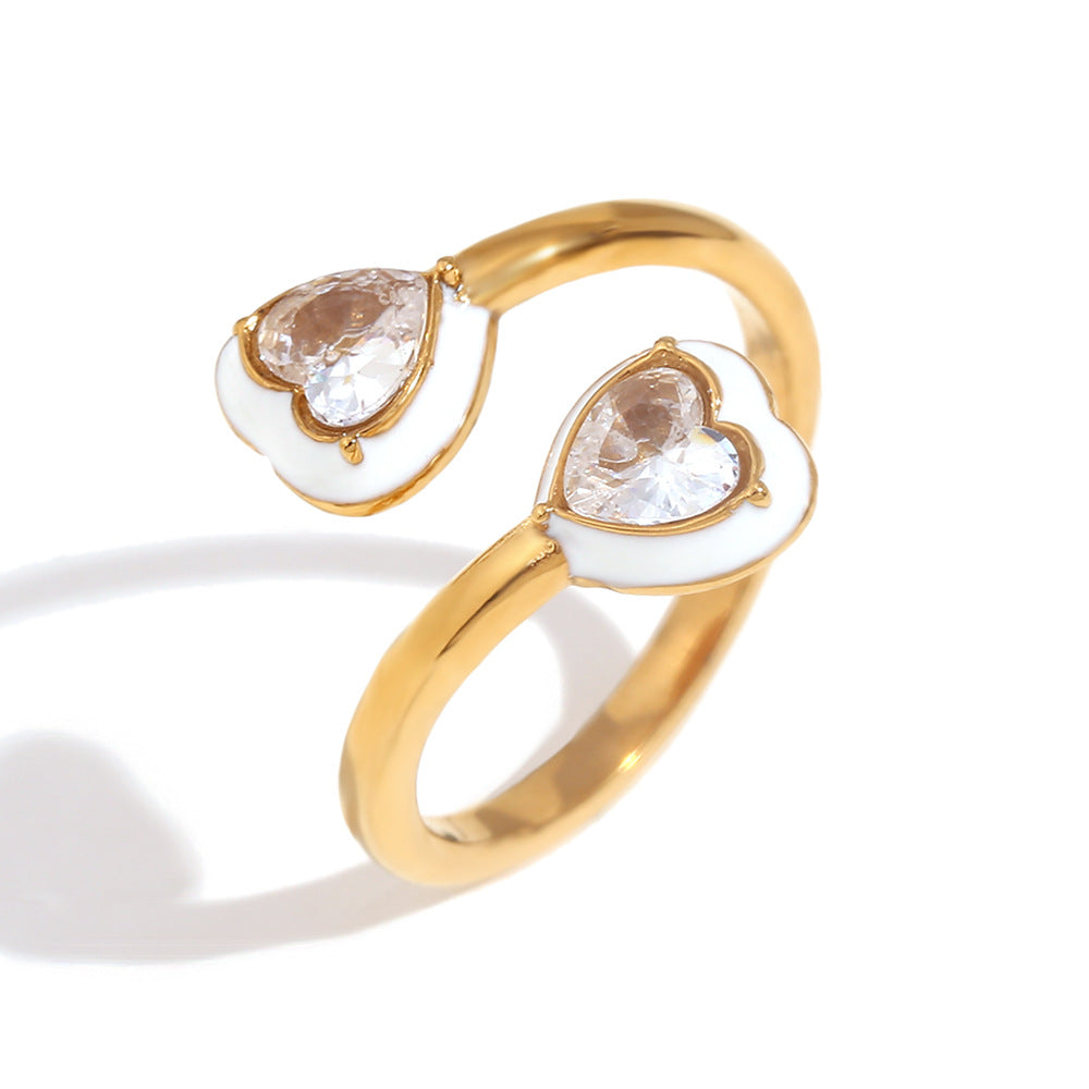 18K Gold-Plated white Heart Enamel Open Ring with Zircon