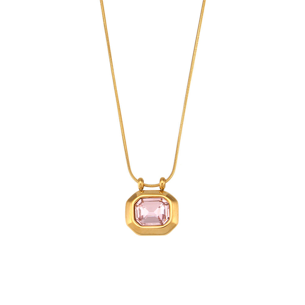 18K gold plated snake chain necklace with pink emerald-cut zircon pendant – STUD
