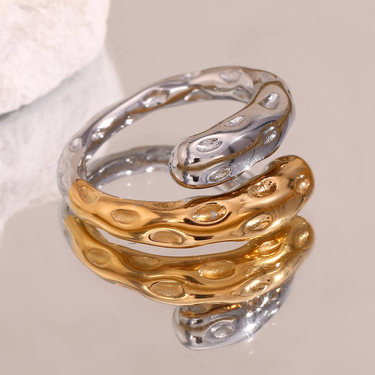 Close up view of Vintage hammered snake open ring – 18K gold-plated stainless steel with sculptural texture – statement jewelry by STUD (Shop Till You Drop)