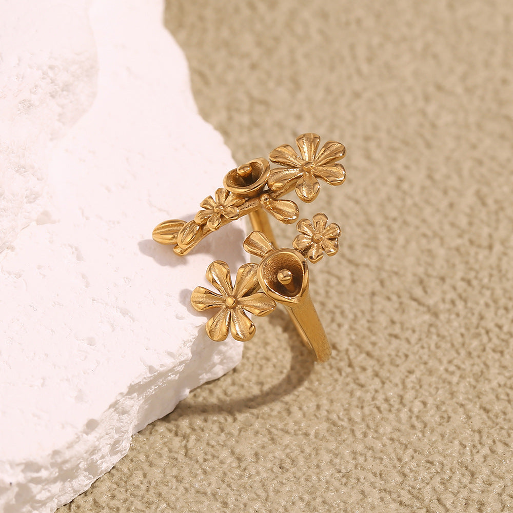 Vintage 18K Gold-Plated Flower Open Ring