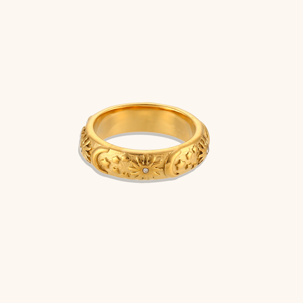 closeup view of Celestial star, moon, and sun ring – 18K gold-plated stainless steel with vintage boho design – waterproof spiritual jewelry by STUD (Shop Till You Drop)