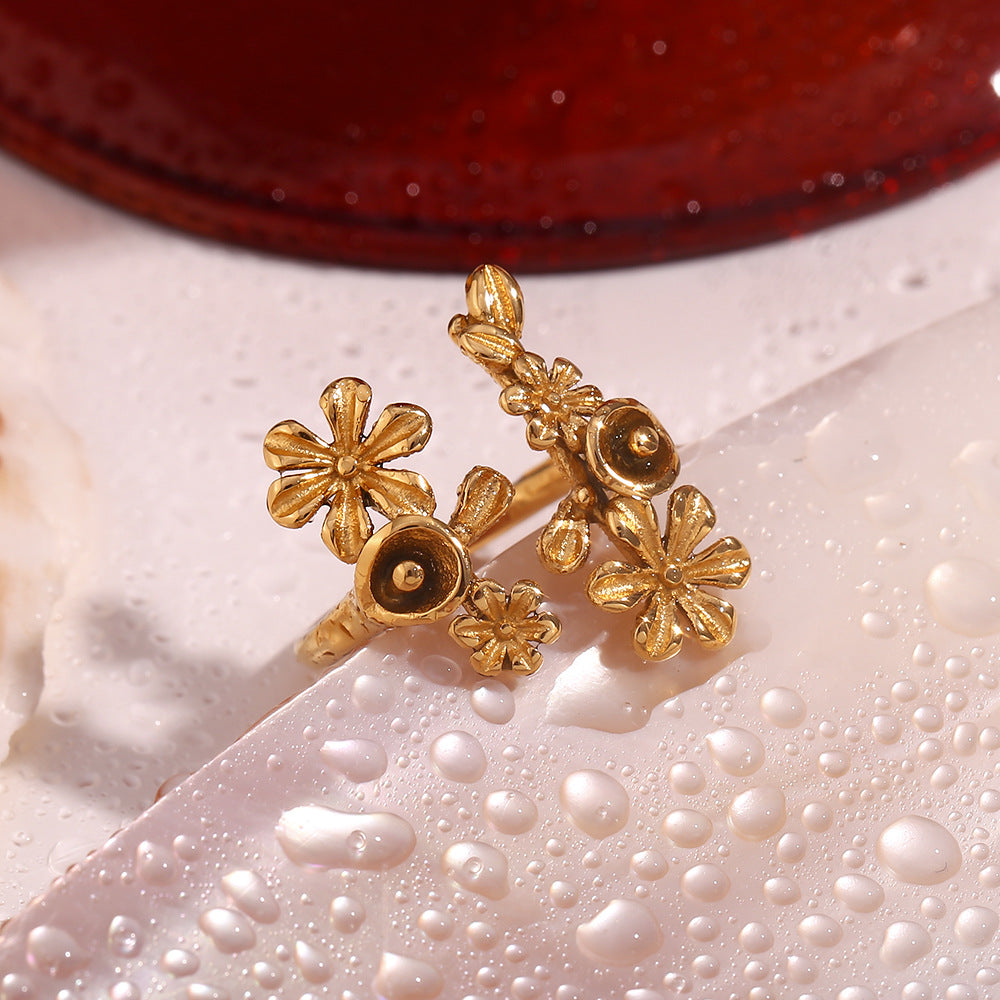 Vintage 18K Gold-Plated Flower Open Ring