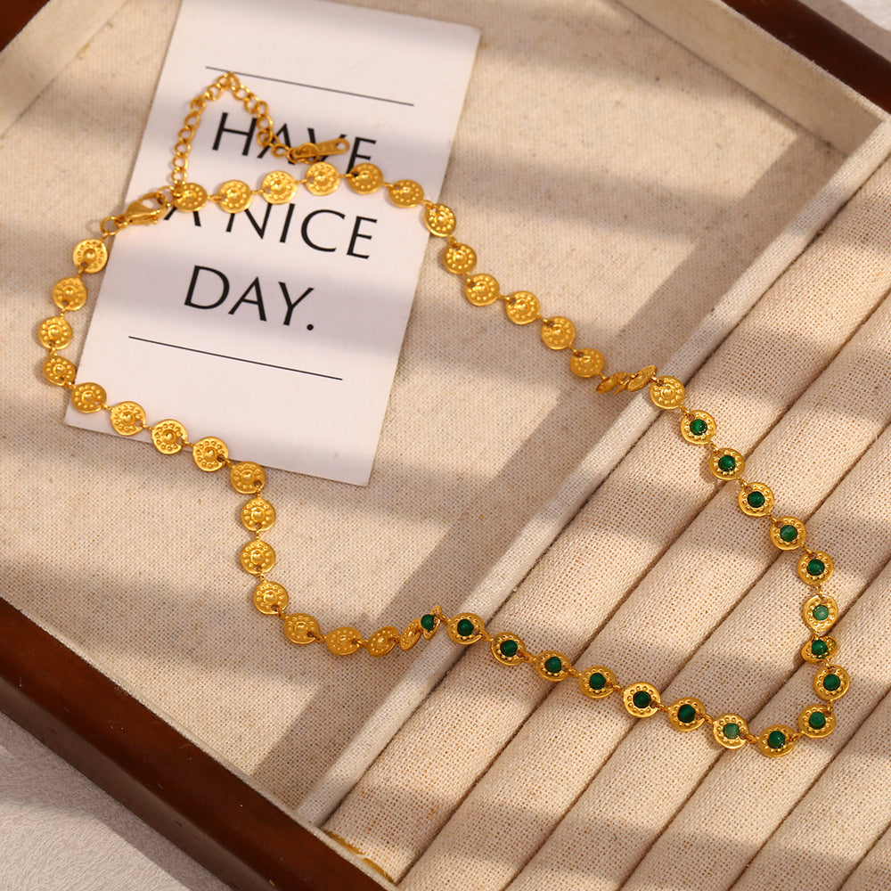 18K gold plated coin choker necklace with emerald green zircon stones – STUD