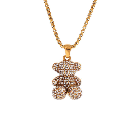 Close View of Sitting bear pendant necklace with crystals & pearl chain – 18K gold plated by STUD-Shop Till You Drop