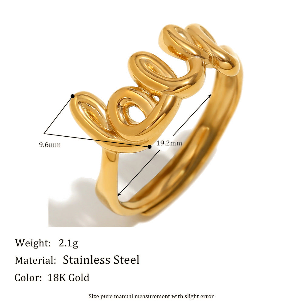 size details of LOVE open ring – 18K gold-plated stainless steel with minimalist French design – adjustable statement jewelry by STUD (Shop Till You Drop)