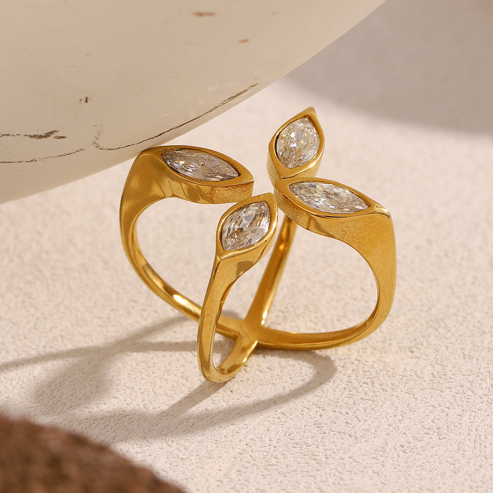 18K gold plated serpent crossover ring with marquise-cut zircon stones – STUD