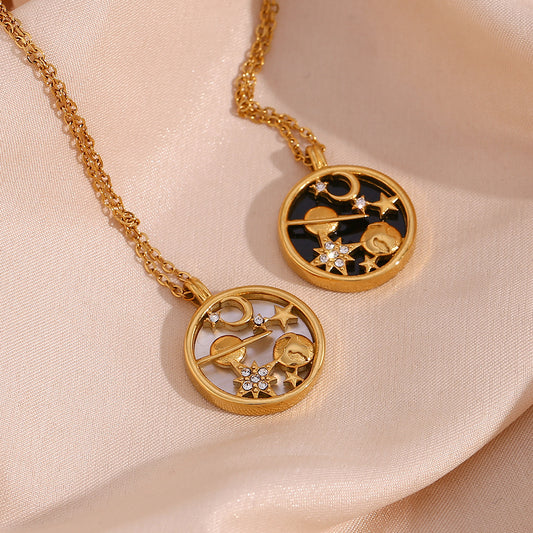 Close View of Celestial charm necklace with moon, Earth & shell coins – 18K gold plated by STUD-Shop Till You Drop