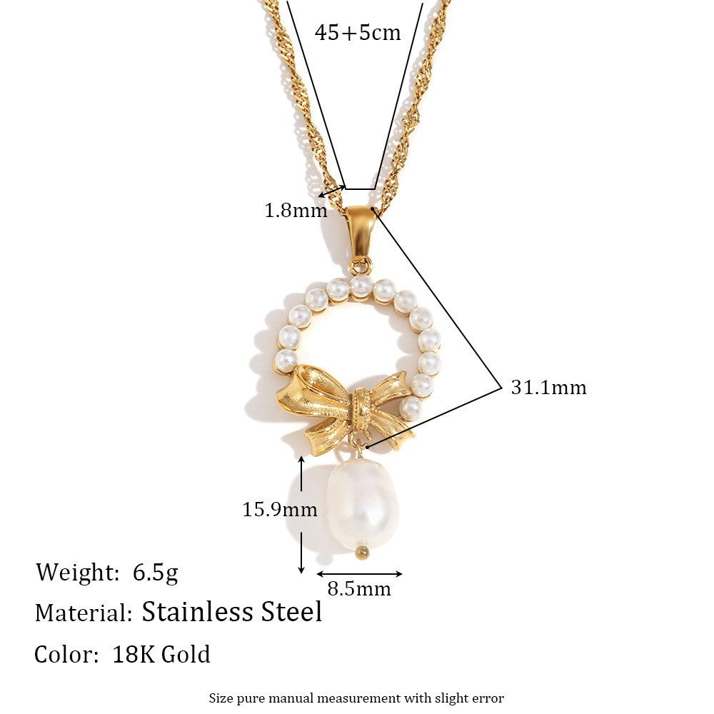 18K gold plated pearl bow charm necklace with faux pearls and drop pendant – STUD