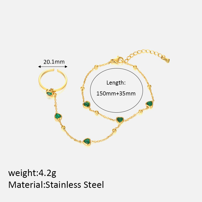 Size Details of 18K gold plated hand chain with green heart stones – ring to bracelet design – STUD
