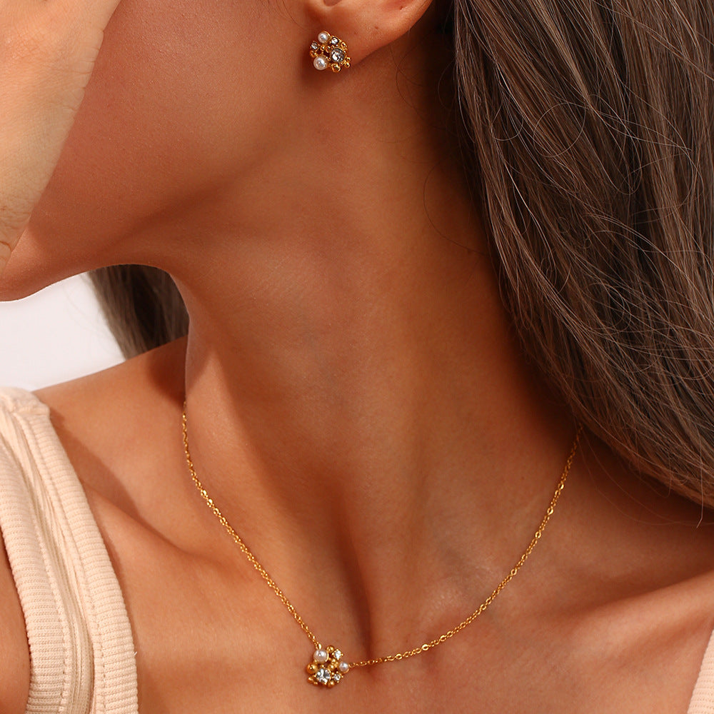Floral Pearl and Crystal Stud Earrings | 18K Gold-Plated Stainless Steel