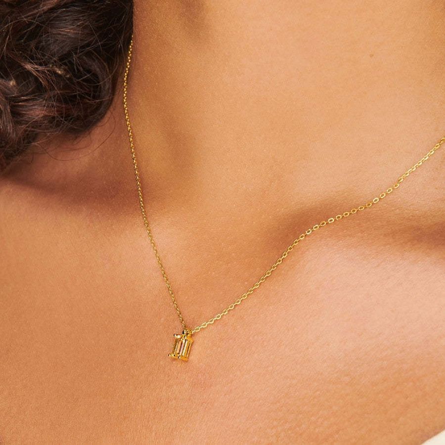 18K gold plated birthstone necklace with zircon rectangular pendant – STUD