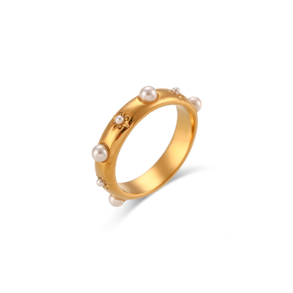 18K gold plated pearl bloom ring with miniature pearls and floral engravings – STUD