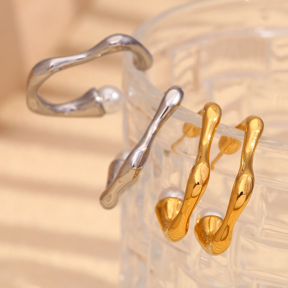 Pearl Line C Hoop Earrings