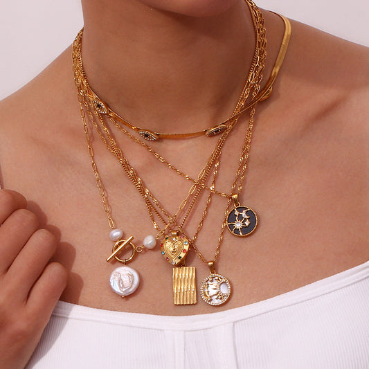 Retro-Chic 18K Gold Plated Sun, Star & Heart White Necklace