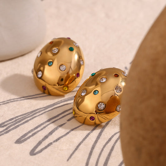 Close View of Colorful zircon oval earrings – 18K gold-plated, geometric design, waterproof by STUD (Shop Till You Drop)