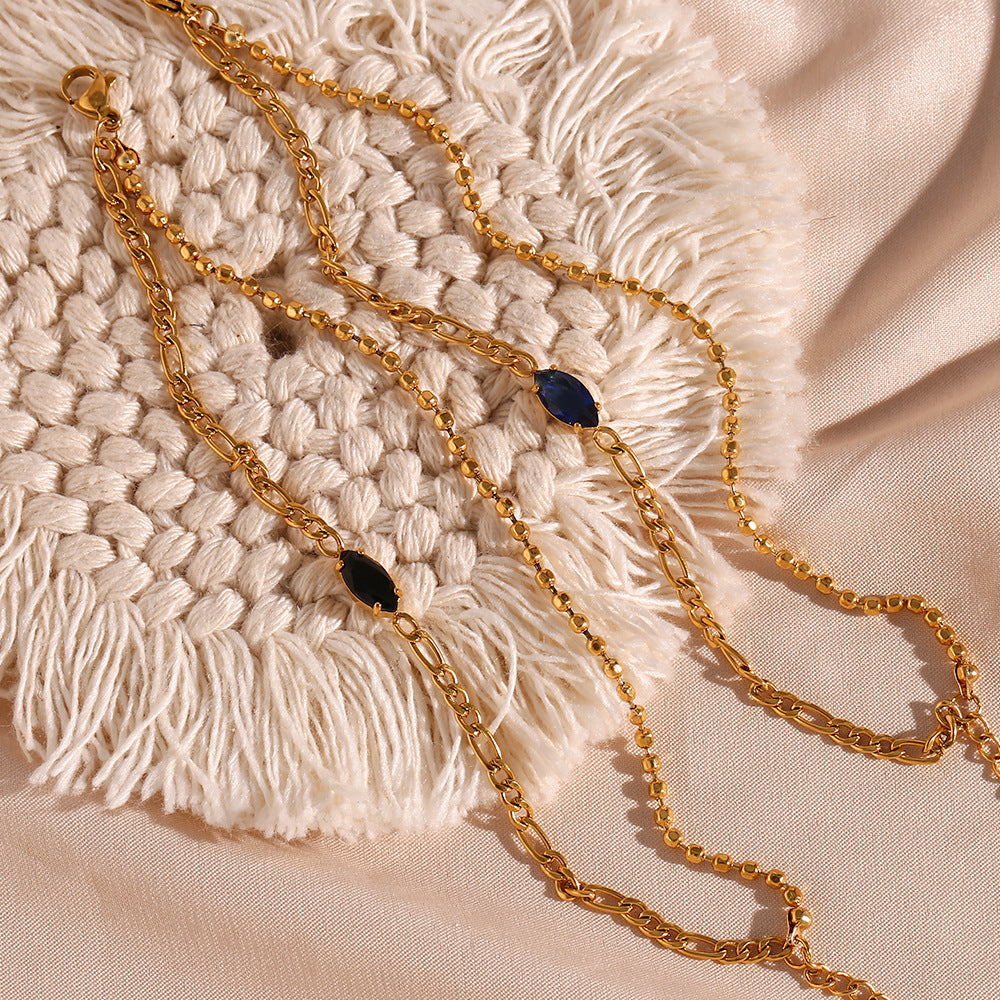 Double-Layer Figaro Chain Bracelet with Blue Zircon – 18K Gold