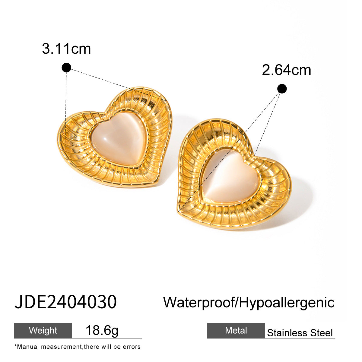 Size Details of Heart-shaped gold earrings with white cat’s eye stone – 18K gold-plated, hypoallergenic by STUD (Shop Till You Drop)