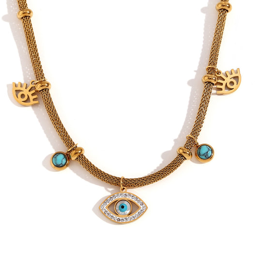 Close View of Turquoise evil eye necklace – 18K gold plated, waterproof symbolic design by STUD-Shop Till You Drop