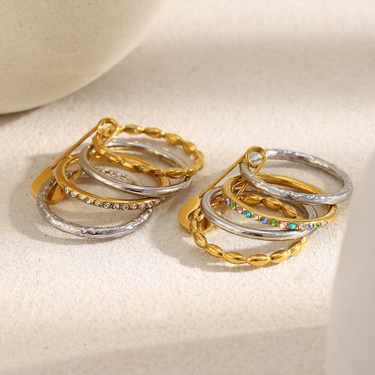 Bold sparkle safety pin ring with colorful stones and multi-layer design in 18K gold