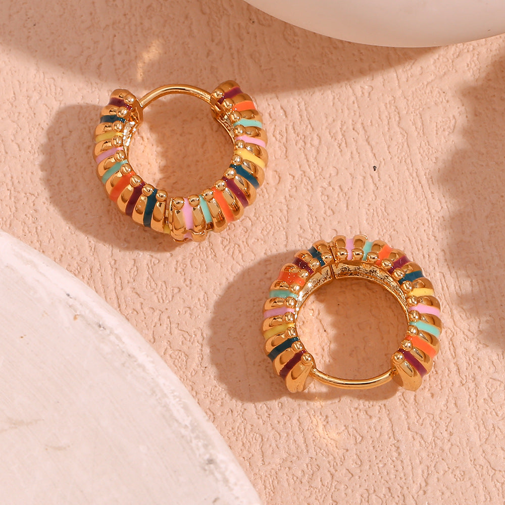 Top View of Vintage 19mm enamel hoop earrings – colorful, 18K gold-plated, waterproof by STUD (Shop Till You Drop)