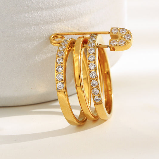 Bold Sparkle Safety Pin Ring with triple 18K gold plated bands and zircon pavé – STUD