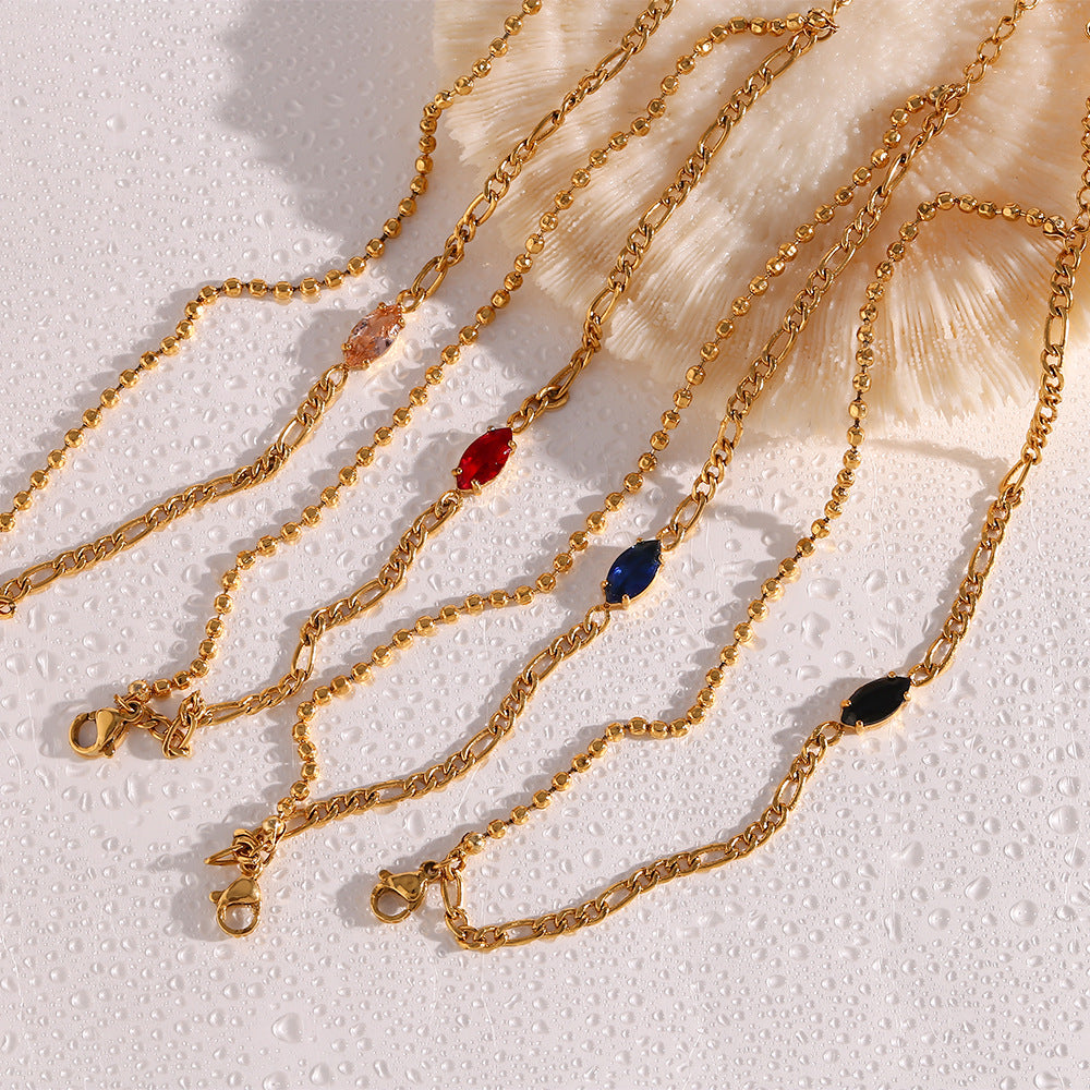 Simple Double-Layer Red Zircon Figaro Chain Beaded Bracelet
