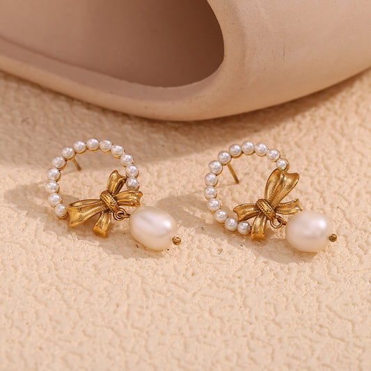 18K gold plated pearl bow drop earrings with vintage textured bow – STUD