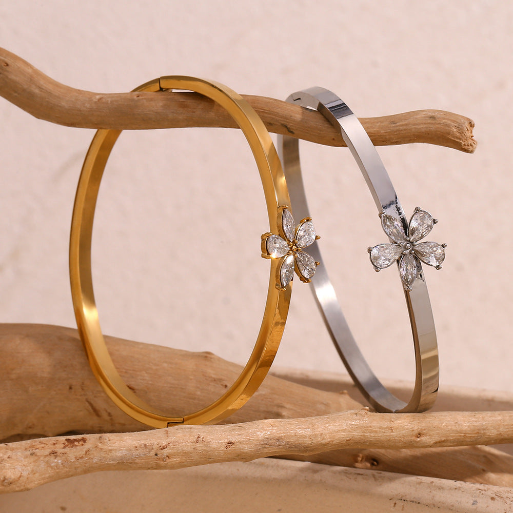 Elegant Silver Flower Bangle with White Zircon for Women