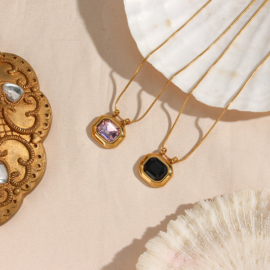 18K gold plated snake chain necklace with pink emerald-cut zircon pendant – STUD