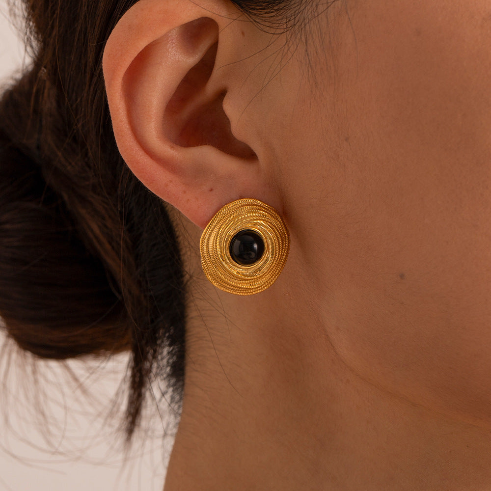 Vintage gold coil stud earrings with black onyx – 18K gold-plated, waterproof, hypoallergenic by STUD (Shop Till You Drop)