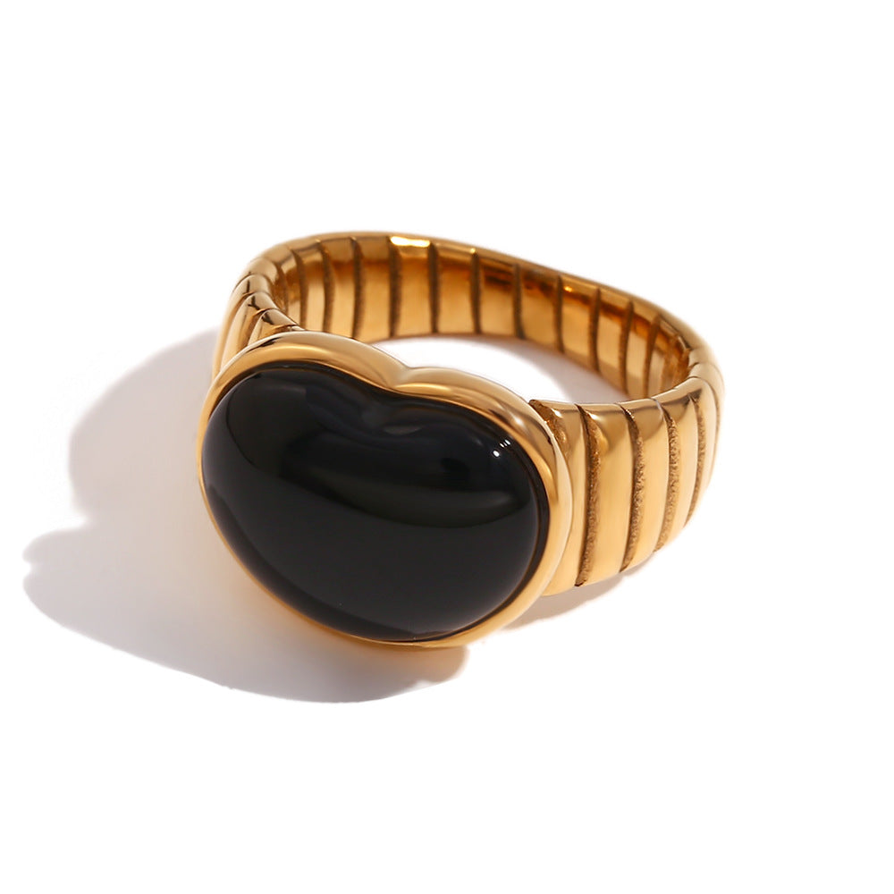 Close View of Black onyx heart ring – 18K gold-plated, adjustable, waterproof by STUD (Shop Till You Drop)