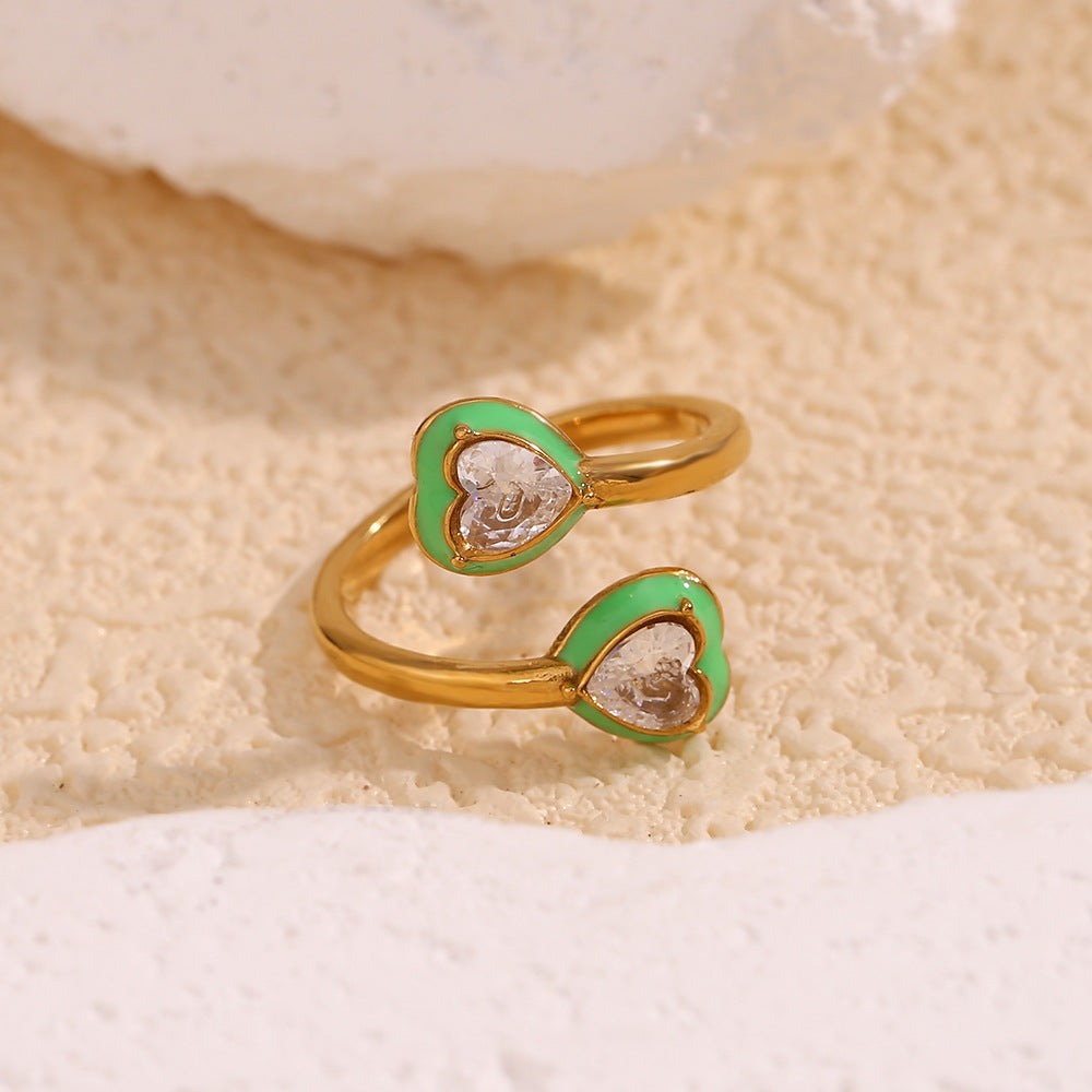18K Gold-Plated Green Heart Enamel Open Ring with Zircon